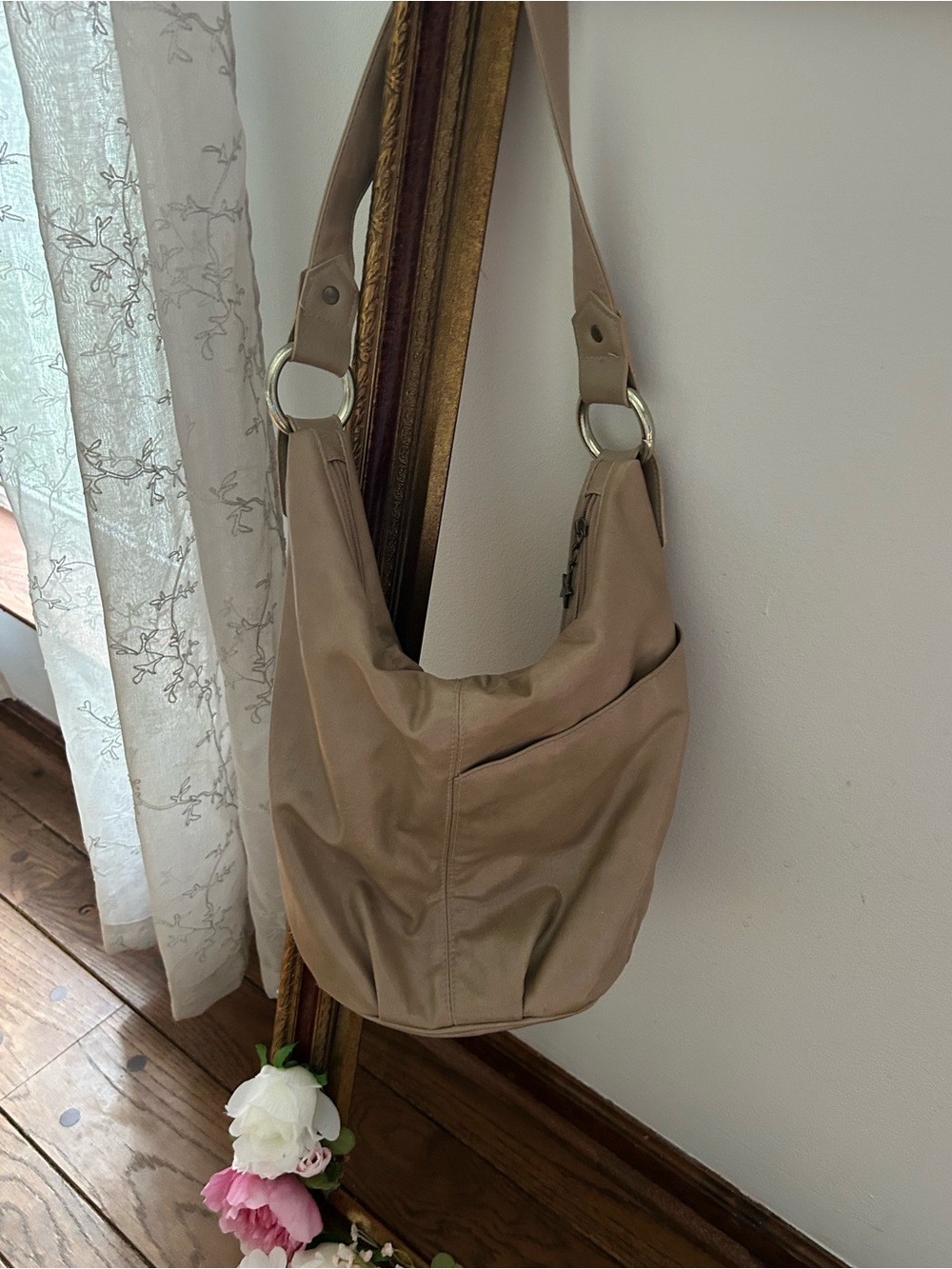 Capezio Beige Shoulder Hobo Bag with Ring Accents